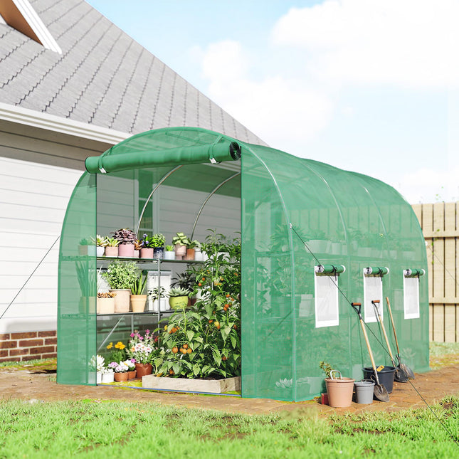 Walk-in Greenhouse with Shelves, Polytunnel Greenhouse with Roll-Up Door, 6 Mesh Windows,198 x 275 x 191 cm, Green