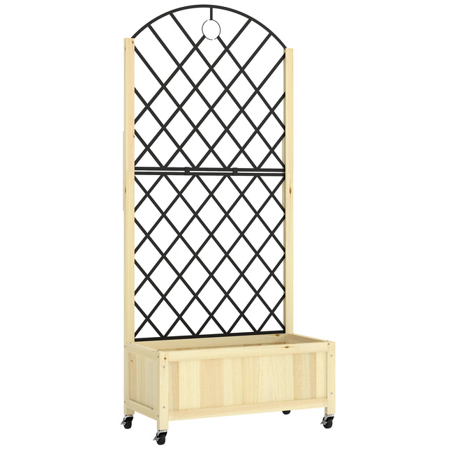 Raised Garden Bed with Metal Trellis, Wooden Elevated Planter Box with Lockable Wheels, Outdoor Raised Planter, Natural