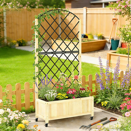 Raised Garden Bed with Metal Trellis, Wooden Elevated Planter Box with Lockable Wheels, Outdoor Raised Planter, Natural