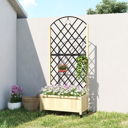 Raised Garden Bed with Metal Trellis, Wooden Elevated Planter Box with Lockable Wheels, Outdoor Raised Planter, Natural