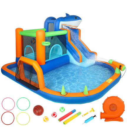 Inflatable Bouncy Castle for Kids, Sharks Theme Jumping Bounce House with Slide, Climbing Wall for Indoor Outdoor