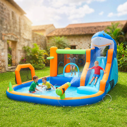 Inflatable Bouncy Castle for Kids, Sharks Theme Jumping Bounce House with Slide, Climbing Wall for Indoor Outdoor
