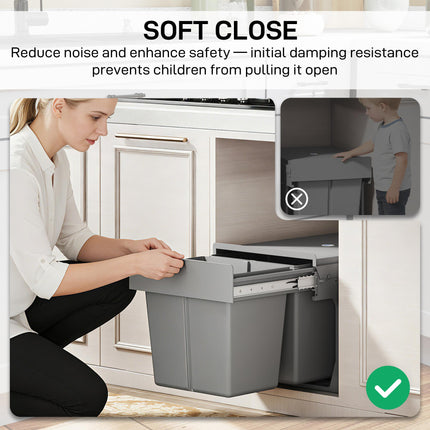HOMCOM Pull Out Bin, Under Sink Bin - 2 Removable Compartments (15L Each) for 400mm Cabinets, Light Grey