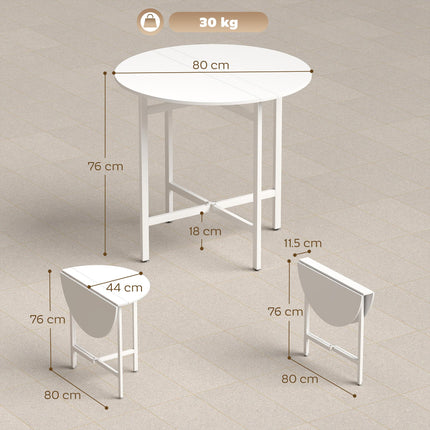 Collapsible Drop Leaf Table, Folding Dining Table for Small Spaces, Extendable Kitchen Table with Steel Frame, White