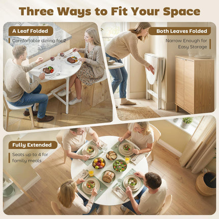Collapsible Drop Leaf Table, Folding Dining Table for Small Spaces, Extendable Kitchen Table with Steel Frame, White