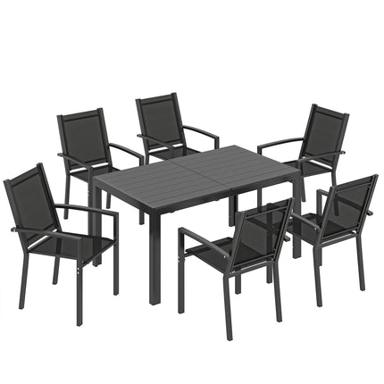 Seven-Piece Garden Dining Set, with Plastic Wood-Top Table - Black