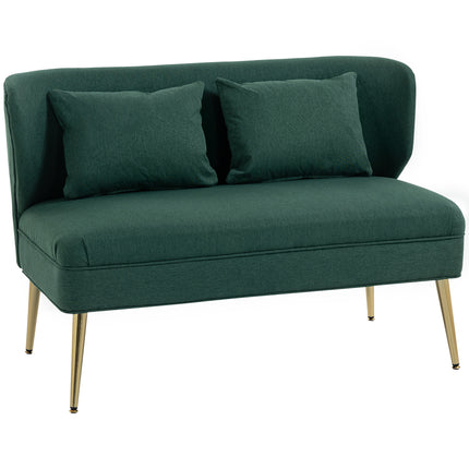 2 Seater Sofa, Linen-look Fabric Small Sofa with Wing Back, Thick Seat, Metal Legs, Dark Green