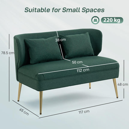2 Seater Sofa, Linen-look Fabric Small Sofa with Wing Back, Thick Seat, Metal Legs, Dark Green
