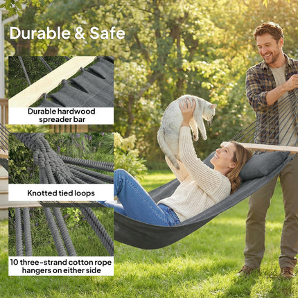 Cotton Hammock, Soft Portable Swing Sleeping w/ Headrest & Side Pocket, Dark Grey