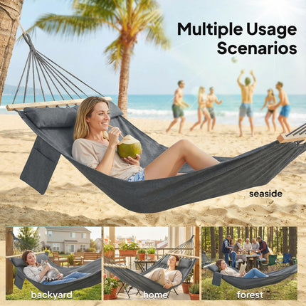 Cotton Hammock, Soft Portable Swing Sleeping w/ Headrest & Side Pocket, Dark Grey
