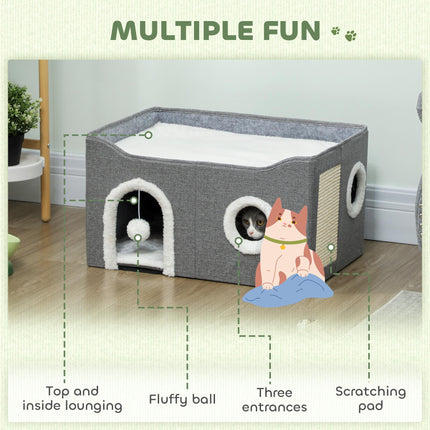 Cat Bed for Indoor Pets, Foldable Cat House with Fluffy Ball and Scratch Pad for Small and Medium Pets, Grey