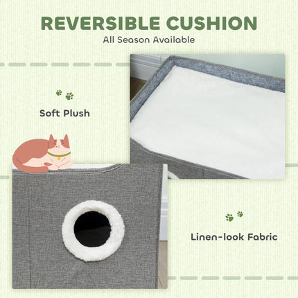Cat Bed for Indoor Pets, Foldable Cat House with Fluffy Ball and Scratch Pad for Small and Medium Pets, Grey