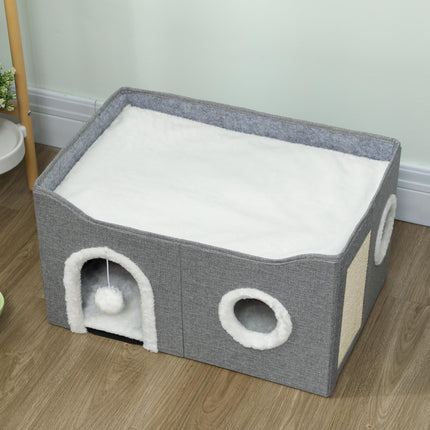Cat Bed for Indoor Pets, Foldable Cat House with Fluffy Ball and Scratch Pad for Small and Medium Pets, Grey