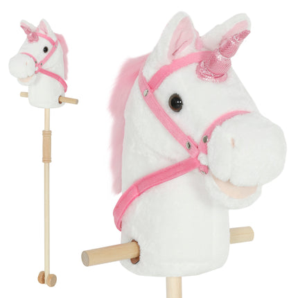 Unicorn Stick Horse with Wood Wheels, Real Pony Neighing and Galloping Sounds, Grip Handle, 95 cm, White