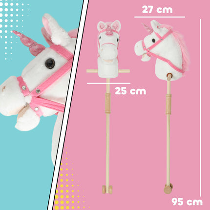 Unicorn Stick Horse with Wood Wheels, Real Pony Neighing and Galloping Sounds, Grip Handle, 95 cm, White