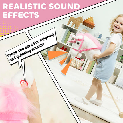 Unicorn Stick Horse with Wood Wheels, Real Pony Neighing and Galloping Sounds, Grip Handle, 95 cm, White