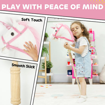 Unicorn Stick Horse with Wood Wheels, Real Pony Neighing and Galloping Sounds, Grip Handle, 95 cm, White
