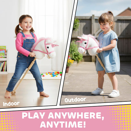 Unicorn Stick Horse with Wood Wheels, Real Pony Neighing and Galloping Sounds, Grip Handle, 95 cm, White