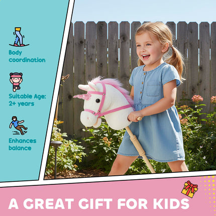 Unicorn Stick Horse with Wood Wheels, Real Pony Neighing and Galloping Sounds, Grip Handle, 95 cm, White