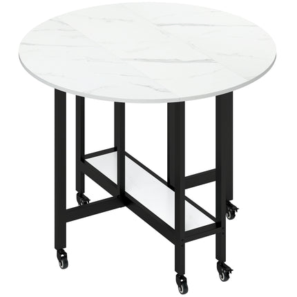 Folding Dining Table, Drop Leaf Table with Open Shelf, Rolling Kitchen Table for Dining Room, Small Spaces, White Marble
