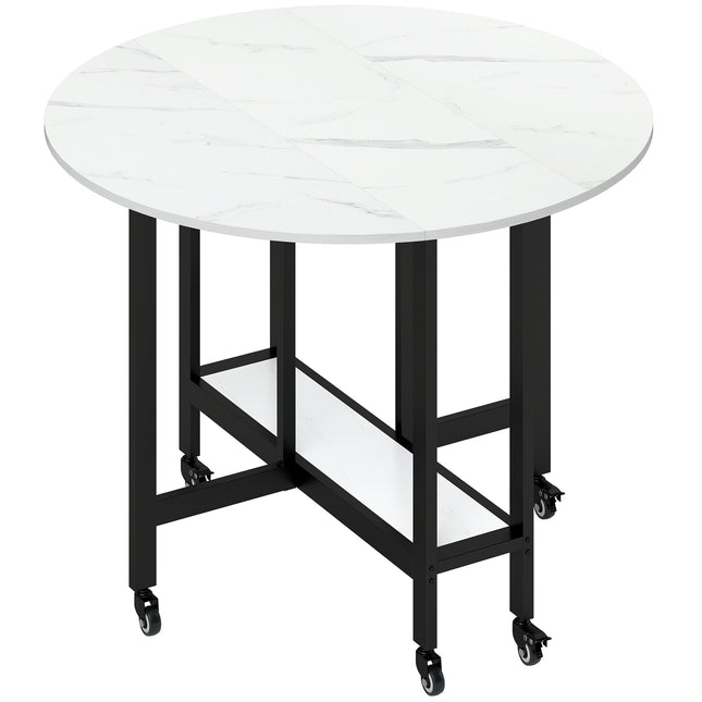 Folding Dining Table, Drop Leaf Table with Open Shelf, Rolling Kitchen Table for Dining Room, Small Spaces, White Marble