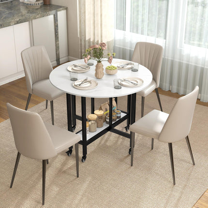 Folding Dining Table, Drop Leaf Table with Open Shelf, Rolling Kitchen Table for Dining Room, Small Spaces, White Marble