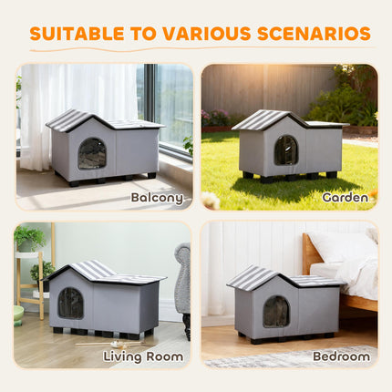 Outdoor Cat House, Weather Resistant Feral Cat Cave with Elevated Base and Cushion for Winter, Grey