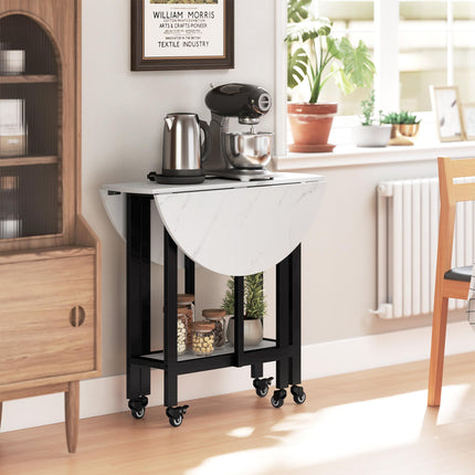 Folding Dining Table, Drop Leaf Table with Open Shelf, Rolling Kitchen Table for