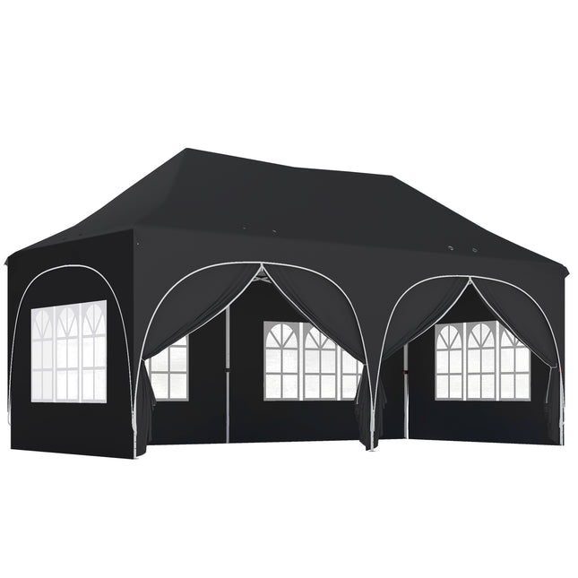3 x 6m Pop Up Gazebo Shelter with Sides, 6 Sandbags, Peak Top Garden Party Tent Marquee with Carry Bag, Black