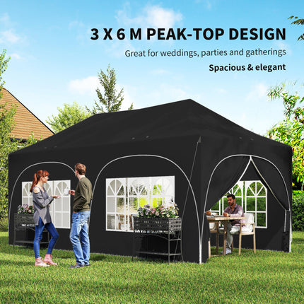 3 x 6m Pop Up Gazebo Shelter with Sides, 6 Sandbags, Peak Top Garden Party Tent Marquee with Carry Bag, Black