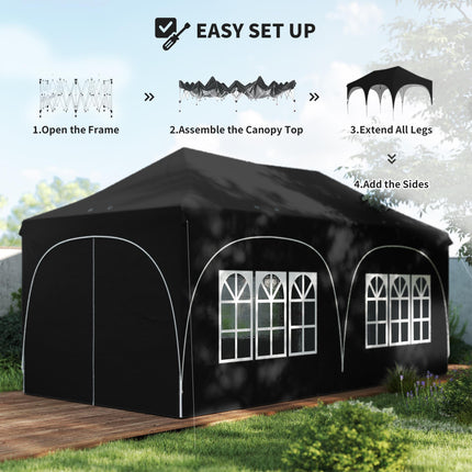 3 x 6m Pop Up Gazebo Shelter with Sides, 6 Sandbags, Peak Top Garden Party Tent Marquee with Carry Bag, Black