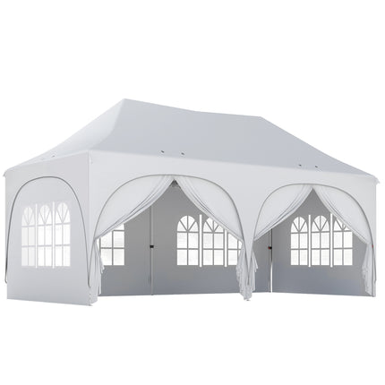 3 x 6m Pop Up Gazebo Shelter with Sides, 6 Sandbags, Peak Top Garden Party Tent Marquee with Carry Bag, Light Grey/White