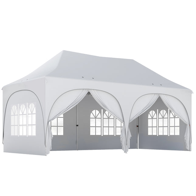 3 x 6m Pop Up Gazebo Shelter with Sides, 6 Sandbags, Peak Top Garden Party Tent Marquee with Carry Bag, Light Grey/White