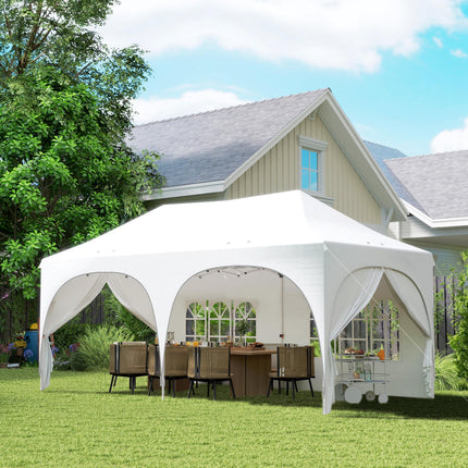 3 x 6m Pop Up Gazebo Shelter with Sides, 6 Sandbags, Peak Top Garden Party Tent Marquee with Carry Bag, Light Grey/White