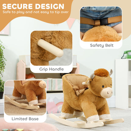 Baby Rocking Horse with Safety Belt, Wood Base, Animal Rocker for Children, Brown