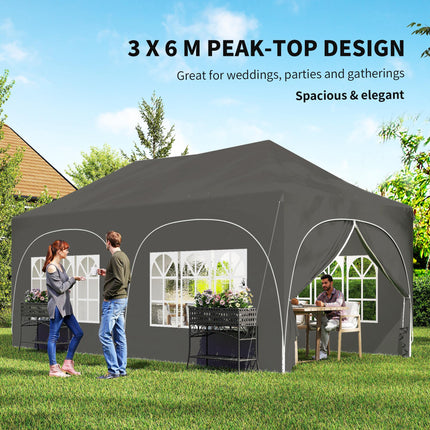 3 x 6m Pop Up Gazebo Shelter with Sides, 6 Sandbags, Peak Top Garden Party Tent Marquee with Carry Bag, Dark Grey
