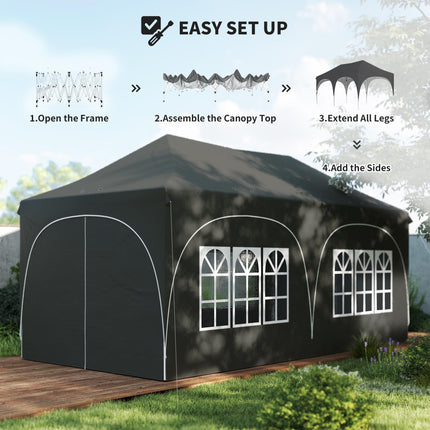 3 x 6m Pop Up Gazebo Shelter with Sides, 6 Sandbags, Peak Top Garden Party Tent Marquee with Carry Bag, Dark Grey