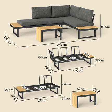 4 Seater L Shaped Aluminium Sectional Garden Furniture Set with 2 Loveseats and