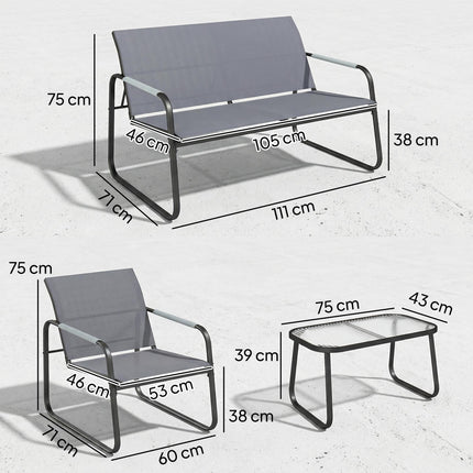 Outsunny 4 Piece Garden Furniture Set, Garden Sofa Set with Loveseat, 2 Armchairs, Tempered Glass Table for Balcony, Grey