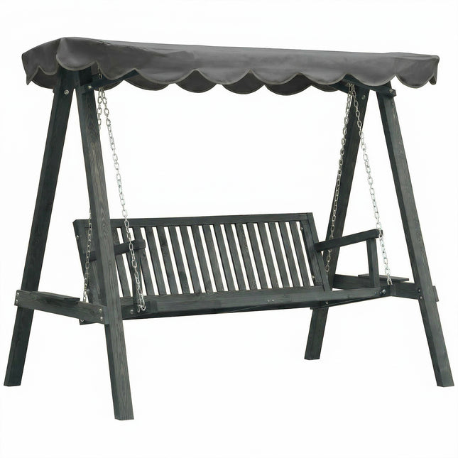 3 Seater Garden Swing Seat with Canopy, Wooden Swing Chair, Outdoor Hammock Bench for Balcony Patio Porch, Grey