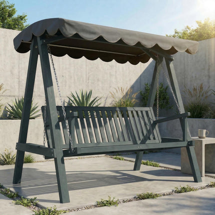 3 Seater Garden Swing Seat with Canopy, Wooden Swing Chair, Outdoor Hammock Bench for Balcony Patio Porch, Grey