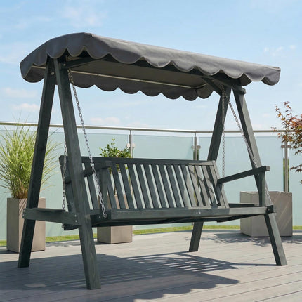 3 Seater Garden Swing Seat with Canopy, Wooden Swing Chair, Outdoor Hammock Bench for Balcony Patio Porch, Grey
