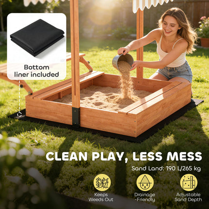 Kids Sand Pit with Lid, Wooden Sandpit with Canopy, Foldable Picnic Table, Bench Seats, Bottom Liner for Patio Garden