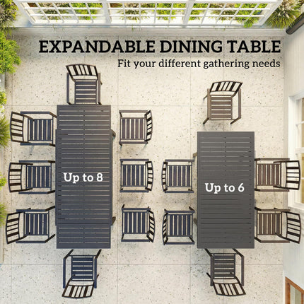 Extending Garden Table for 6-8 People, Full Aluminium Outdoor Dining Table with Slatted Top, Dark Grey
