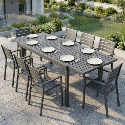 Extending Garden Table for 6-8 People, Full Aluminium Outdoor Dining Table with Slatted Top, Dark Grey