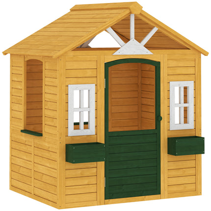 Outdoor Kids Playhouse, Wooden Wendy House with Door, 3 Windows, 2 Flower Boxes for Garden, Indoor Playroom