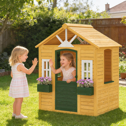 Outdoor Kids Playhouse, Wooden Wendy House with Door, 3 Windows, 2 Flower Boxes for Garden, Indoor Playroom