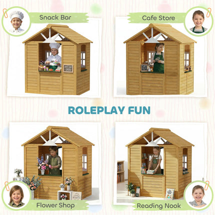 Outdoor Kids Playhouse, Wooden Wendy House with Door, 3 Windows, 2 Flower Boxes for Garden, Indoor Playroom