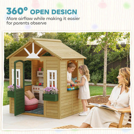 Outdoor Kids Playhouse, Wooden Wendy House with Door, 3 Windows, 2 Flower Boxes for Garden, Indoor Playroom