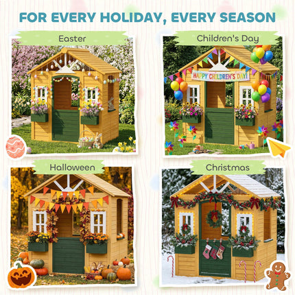 Outdoor Kids Playhouse, Wooden Wendy House with Door, 3 Windows, 2 Flower Boxes for Garden, Indoor Playroom